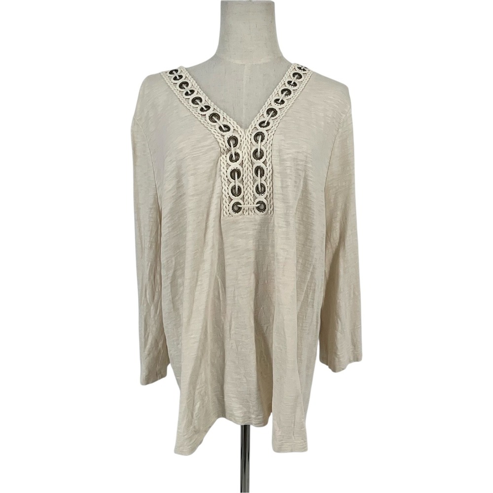 Chicos Beige Linen Blend V Neck Long Sleeve‎ Top Women Sz XL Grommet Neck Detail